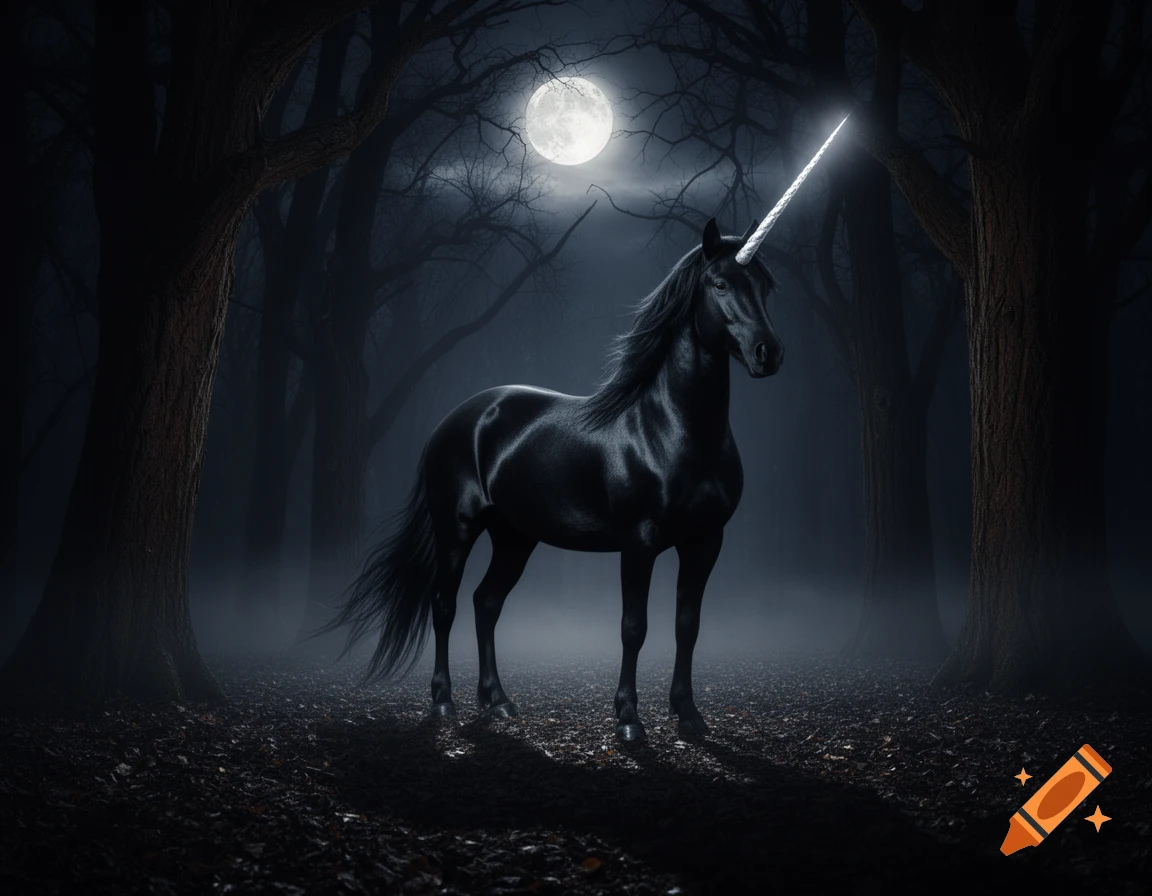 A majestic black unicorn with a glowing horn stands in a dark, misty forest under a bright full moon.