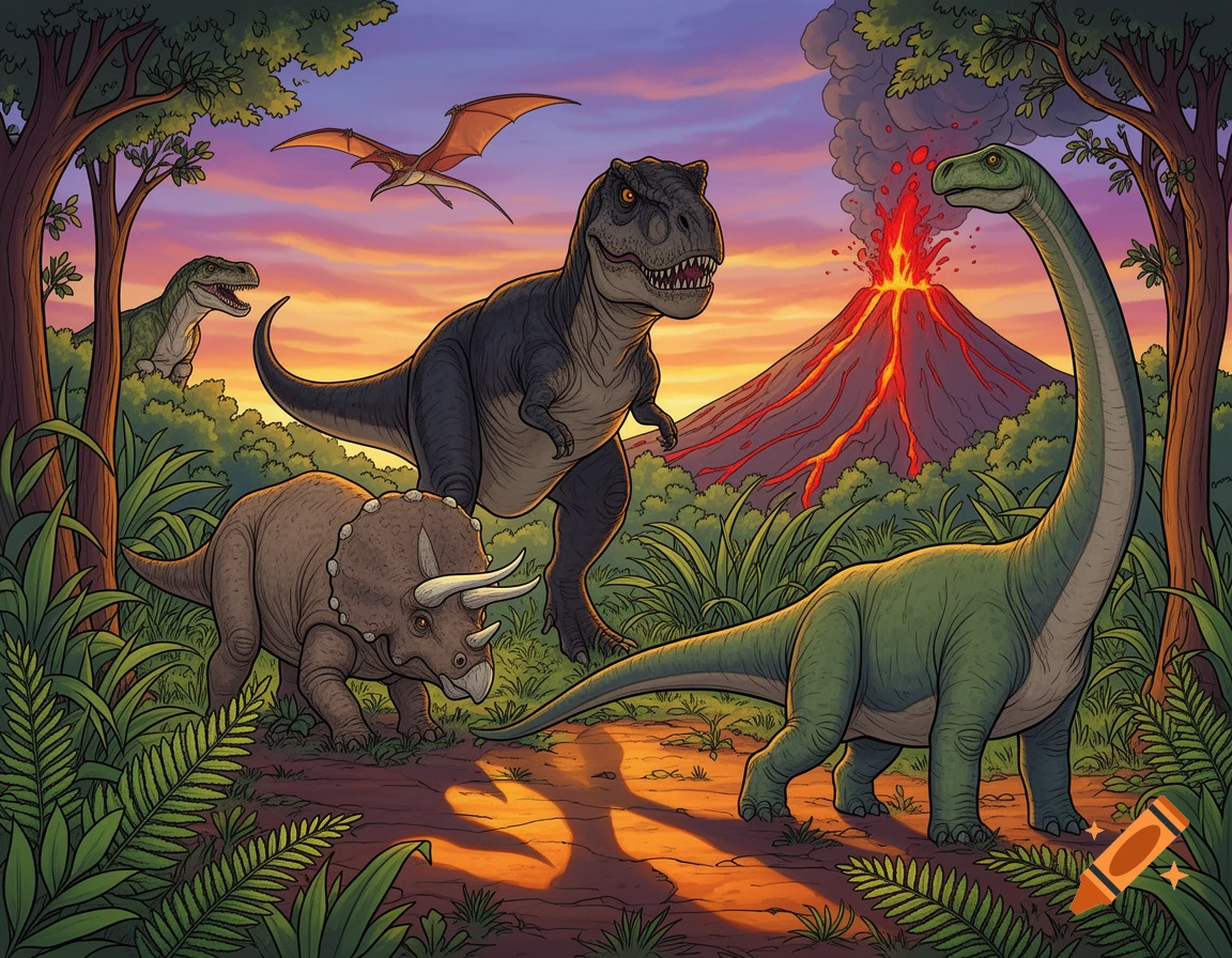 Cartoon illustration of a T-Rex, Triceratops, long-necked dinosaur, and Pteranodon in a prehistoric jungle with an erupting volcano at sunset.