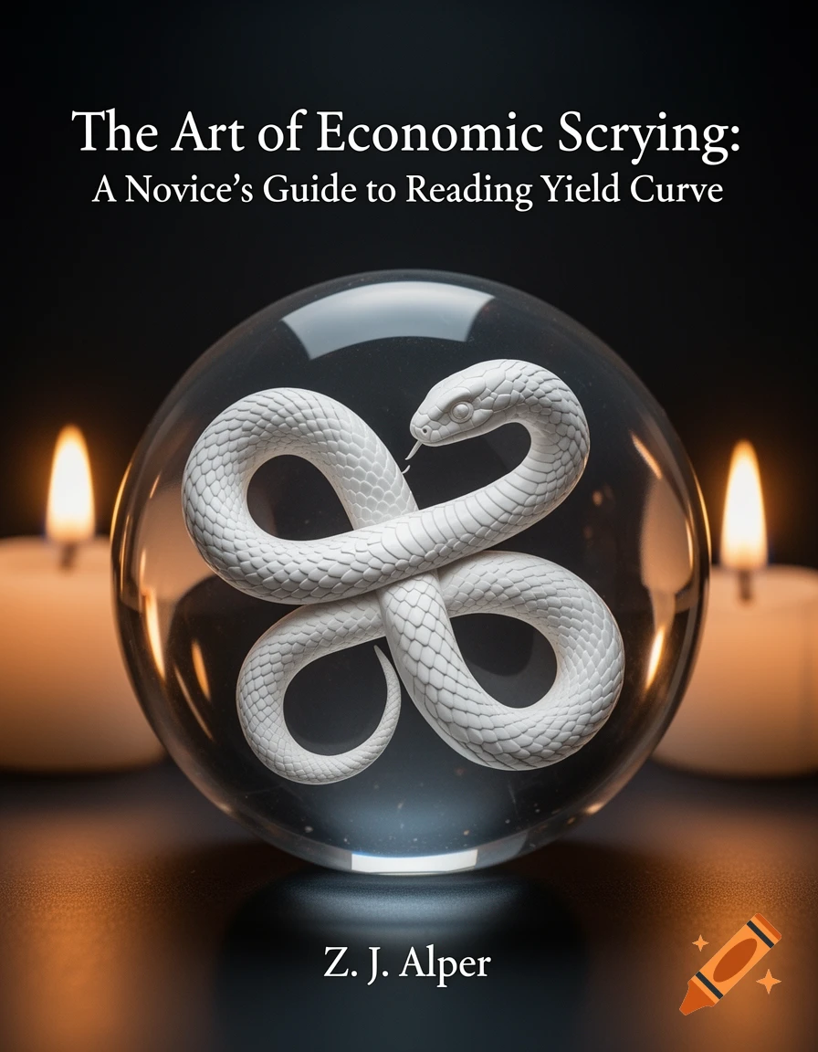 A book cover titled 'The Art of Economic Scrying' featuring a white snake coiled into an infinity symbol inside a crystal ball, flanked by two glowing candles on a dark surface. The author is Z. J. Alper.