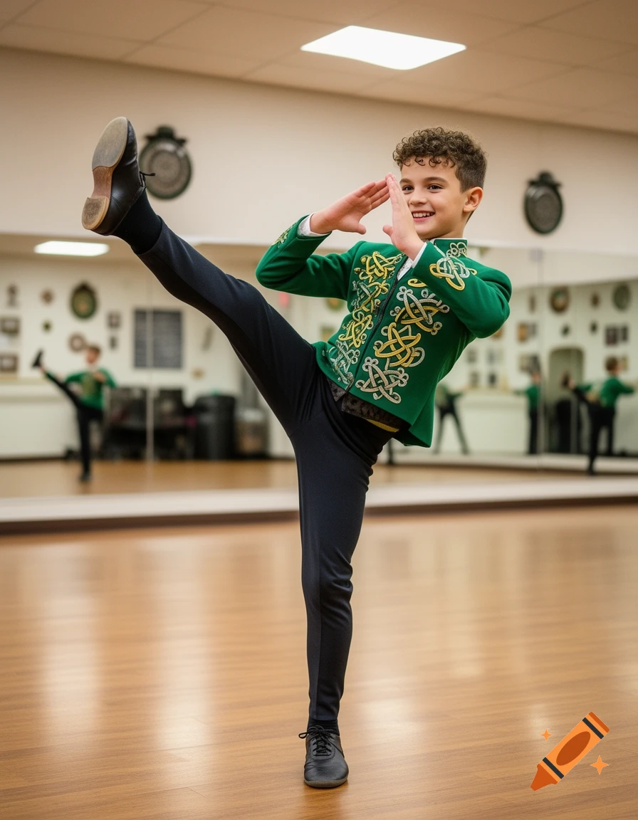 Photorealistic image of a smiling Irish dancer boy in a green and gold costume doing a high leg kick in a studio with mirrors.
