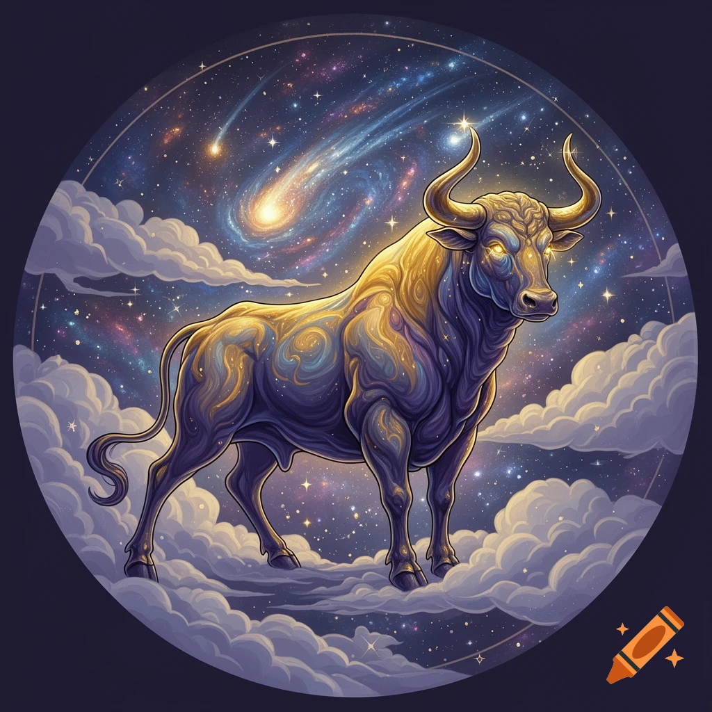A mystical, golden-horned bull stands on clouds within a vibrant cosmic circle, surrounded by stars and a shooting comet in a fantasy art style.
