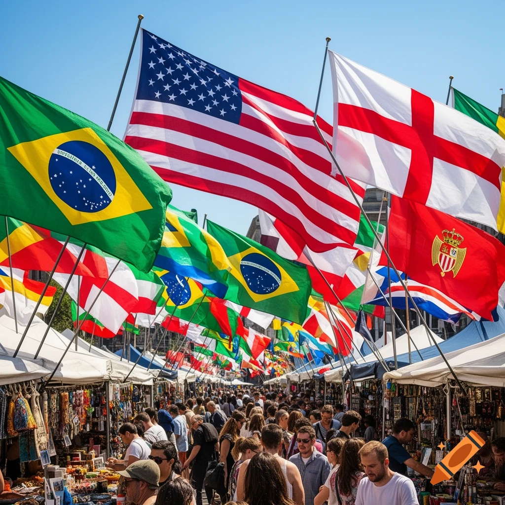 A crowded outdoor market scene under a clear blue sky, with many international flags, including USA, Brazil, and England, waving overhead.