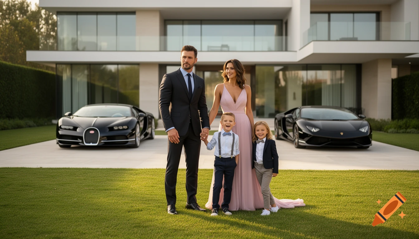 A wealthy family, a man, woman, and two boys, stand on a lawn in front of a modern luxury villa with black Bugatti and Lamborghini cars.
