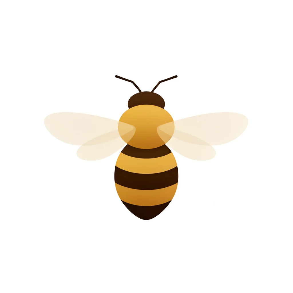 contemporary 2D stock illustration, clean simplified natural forms, flat color areas with gentle soft gradient shading, rounded believable proportions, restrained detail, no outer outlines, no texture or grain, non-photorealistic. A bee in side view with wings visible, centered on a pure white background. Naturalistic simplified golden and dark brown stripes with pale translucent wing shapes. Clear readable silhouette with comfortable padding, no cast shadow, no floor shadow, no extra scenery.