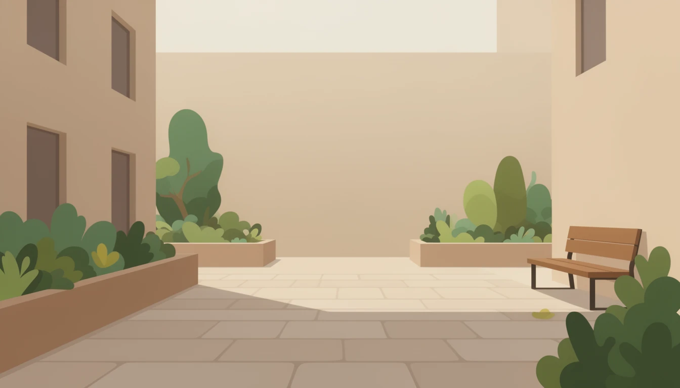 contemporary 2D stock illustration, clean simplified natural forms, flat color areas with gentle soft gradient shading, rounded believable proportions, restrained detail, no outer outlines, no texture or grain, non-photorealistic. A quiet courtyard with paving stones, low planters, a bench, and surrounding building walls. Warm neutral palette with disciplined greens and one small accent. Keep the center area visually uncluttered with simple forms and open space behind layered foreground subjects. No characters, no text.