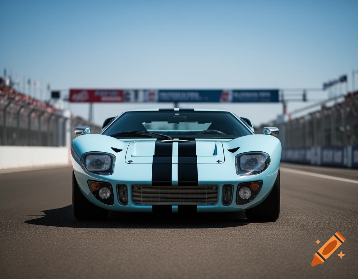 A light blue Ford GT40 race car with black stripes sits on a track under a clear blue sky.