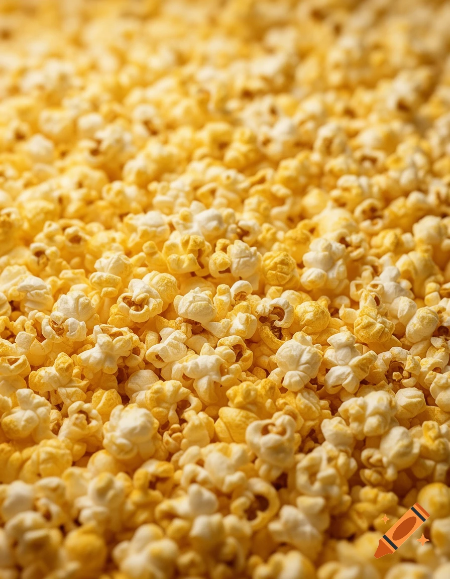 Close-up, shallow depth of field view of numerous buttered popcorn kernels, forming a textured background.
