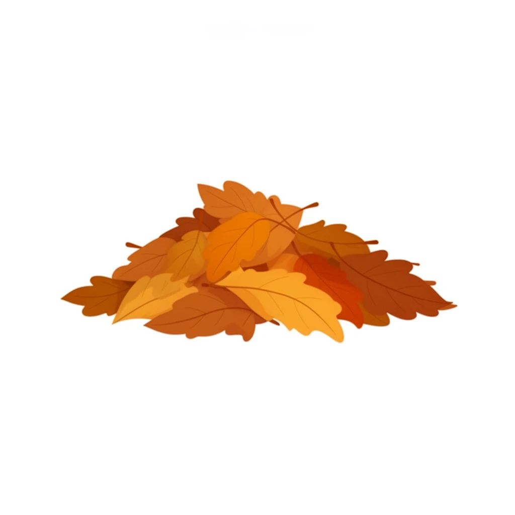 contemporary 2D stock illustration, clean simplified natural forms, flat color areas with gentle soft gradient shading, rounded believable proportions, restrained detail, no outer outlines, no texture or grain, non-photorealistic. A small pile of fallen leaves as a standalone cutout element, centered on a pure white background. Warm autumn palette with one dominant leaf color family and restrained secondary tones. Clear readable silhouette with comfortable padding, no cast shadow, no floor shadow, no extra scenery.