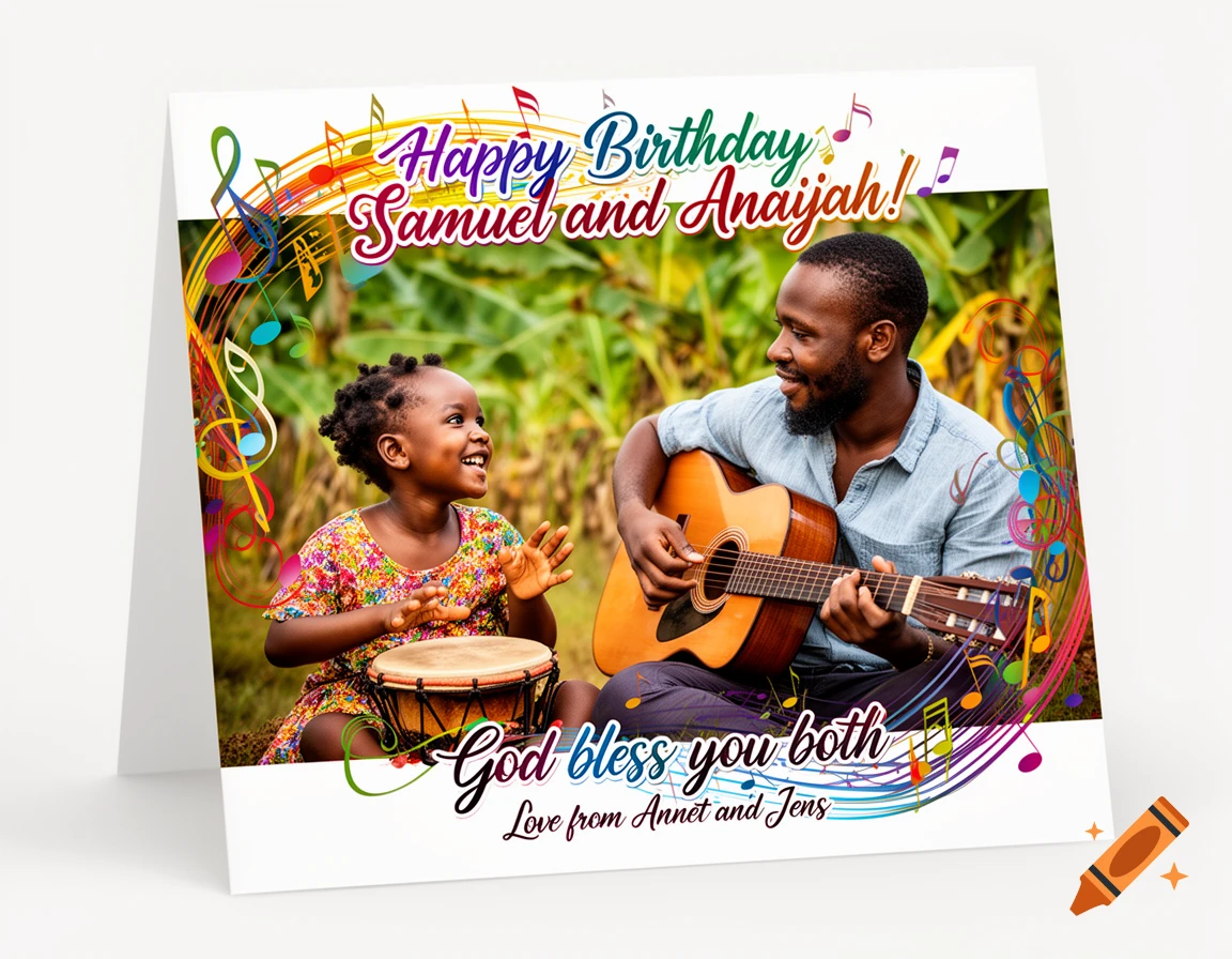 A colorful birthday card features a smiling man playing guitar and a happy child playing a drum, with text "Happy Birthday Samuel and Anaiah! God bless you both Love from Annet and Jens"