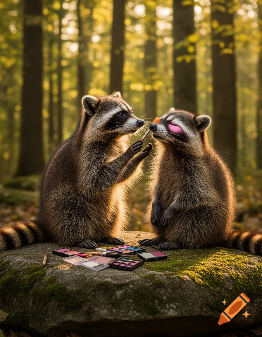 Two raccoons on a mossy rock in a sunlit forest, one applying pink makeup to the other's cheek with a brush, surrounded by makeup palettes.
