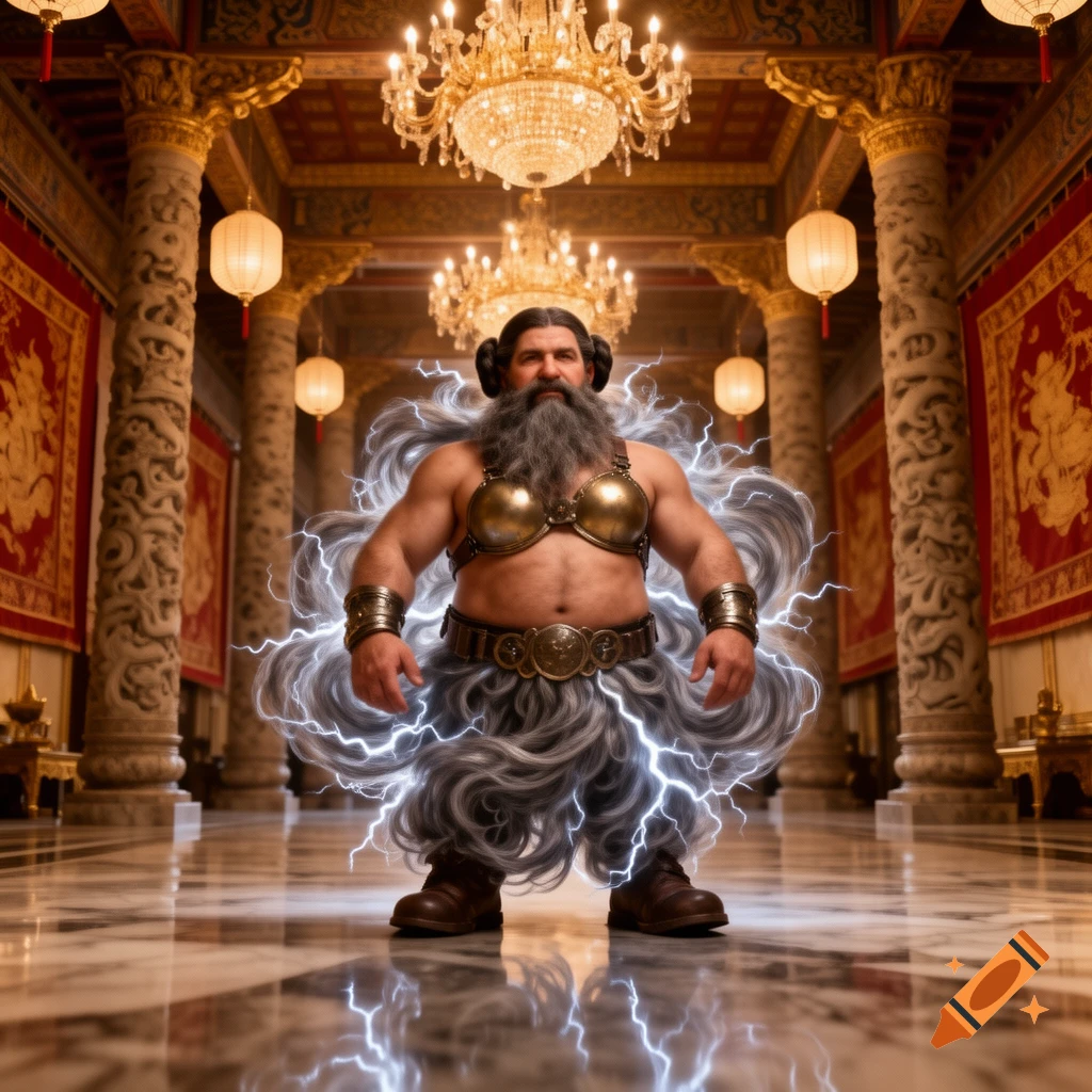 A powerful dwarf with a stormy beard, wearing a gold bra, stands amidst lightning in a grand oriental palace.