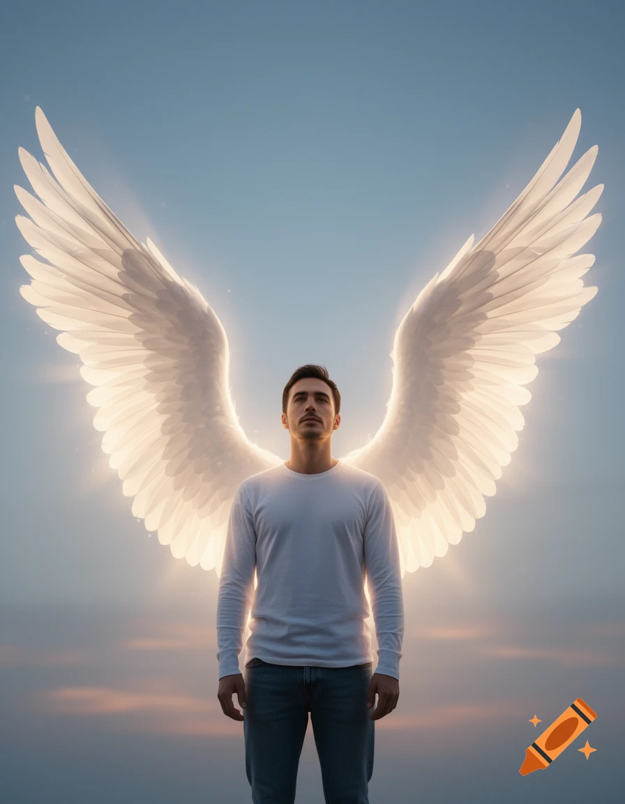 A man with large, glowing white wings stands looking up against a light blue and orange sky, photorealistic.