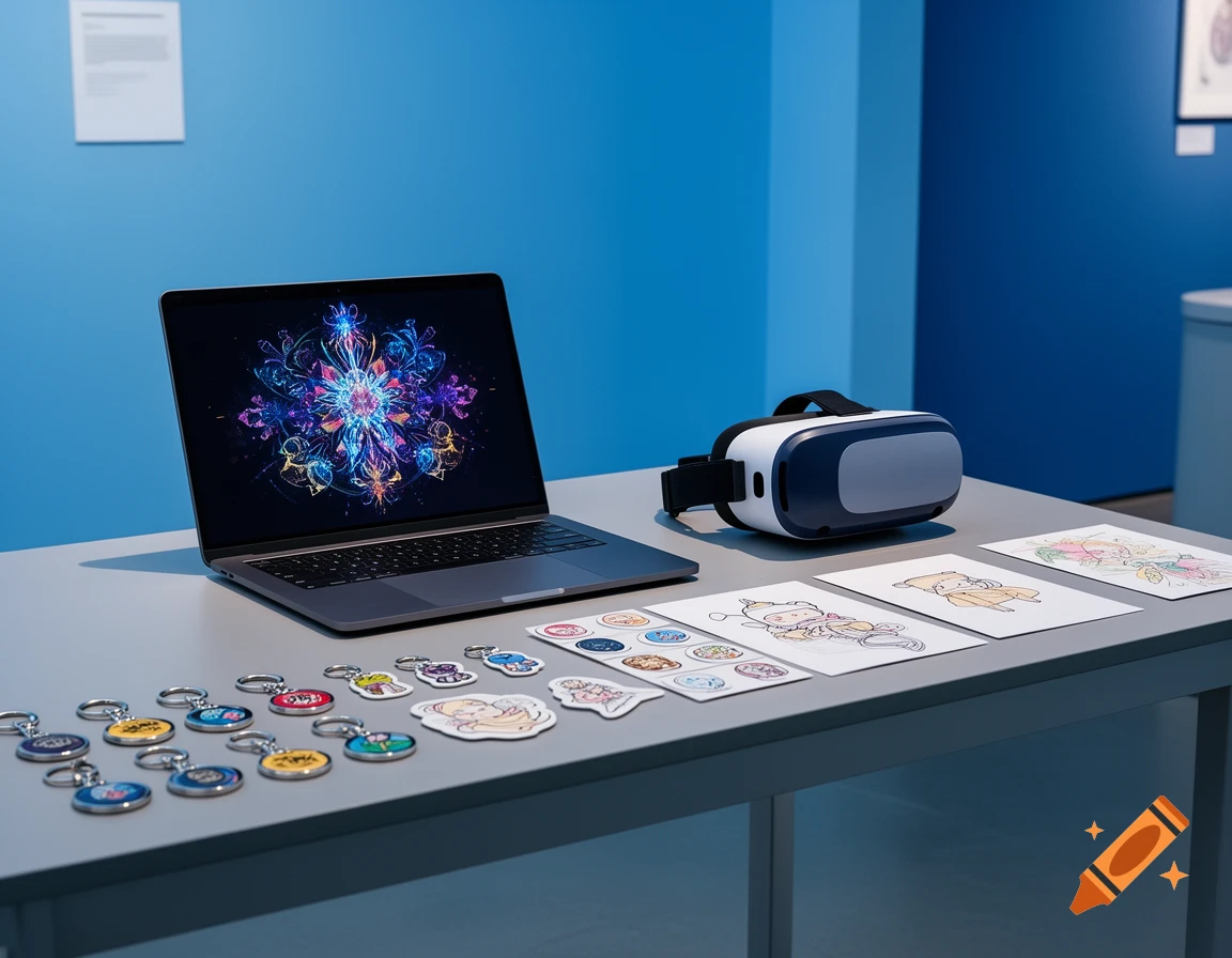 A laptop displaying vibrant abstract art, a VR headset, keychains, stickers, and drawings on a table in a blue room.