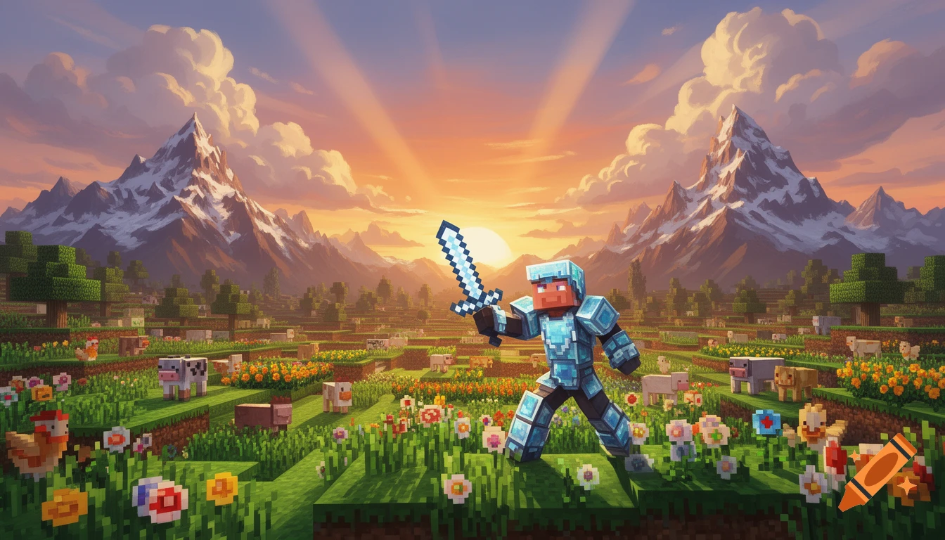 A Minecraft character in diamond armor holding a sword stands in a vibrant field with flowers and farm animals, against a sunset sky and snowy mountains.