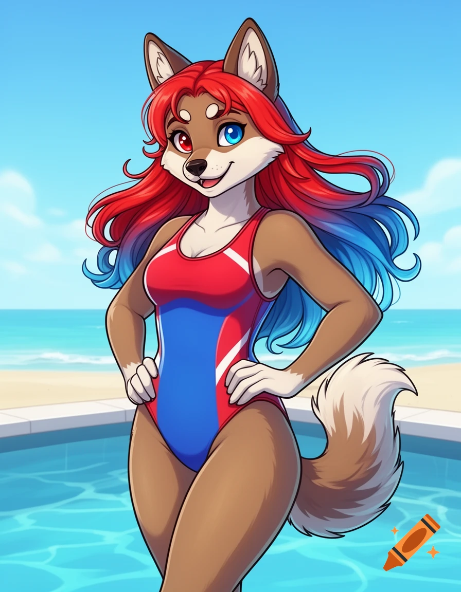 A cartoon furry with red and blue hair and heterochromia eyes, wearing a red and blue one-piece swimsuit, stands confidently by a pool with a beach in the background.