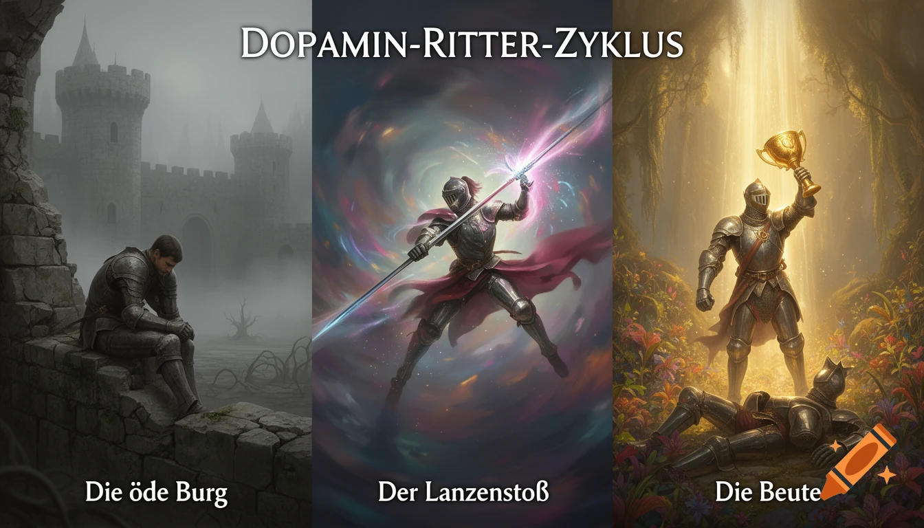 A triptych of a knight: sad knight at a foggy castle, then a knight battling with a glowing spear, and finally a triumphant knight with a trophy in a vibrant forest.