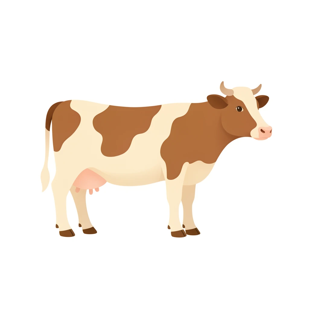 contemporary 2D stock illustration, clean simplified natural forms, flat color areas with gentle soft gradient shading, rounded believable proportions, restrained detail, no outer outlines, no texture or grain, non-photorealistic. A gentle dairy cow standing in three-quarter view, centered on a pure white background. Naturalistic simplified cream body with warm brown patches, not pure white. Clear readable silhouette with comfortable padding, no cast shadow, no floor shadow, no extra scenery.
