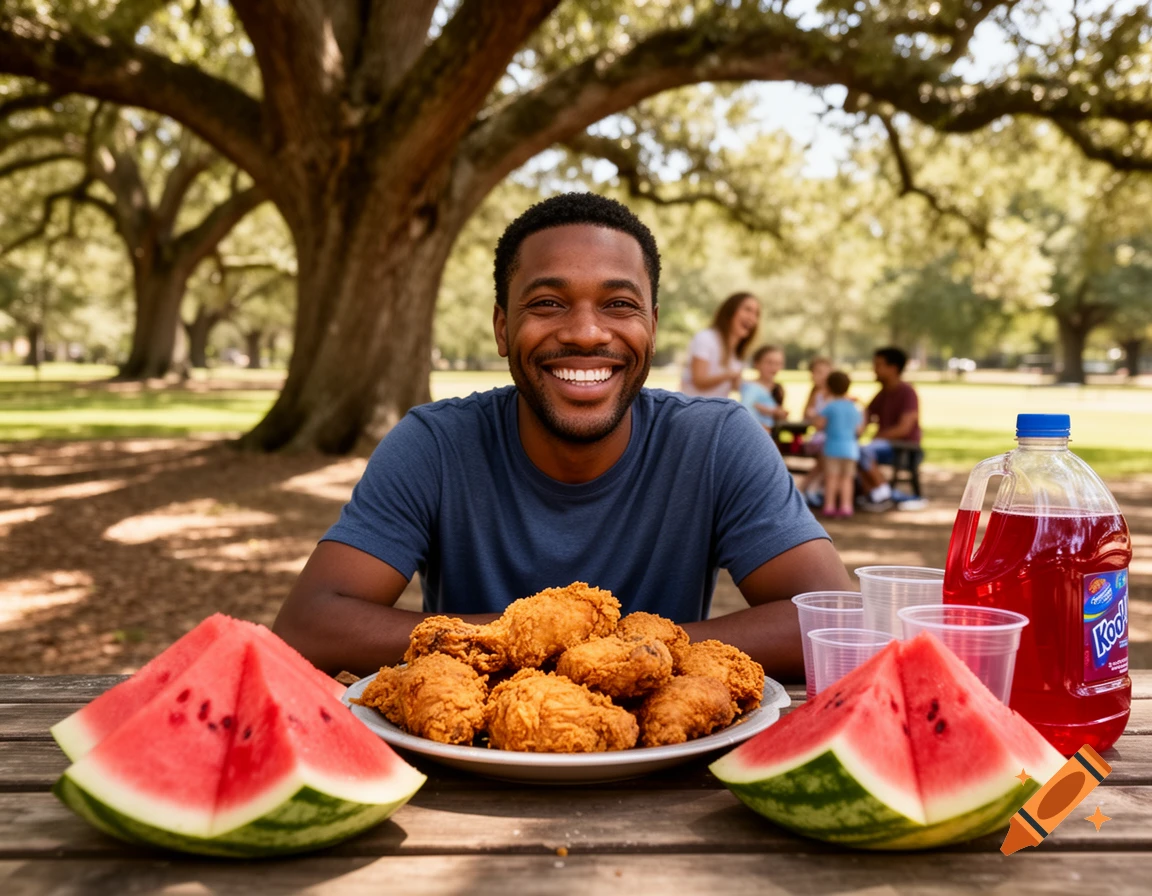 A smiling Black man sits at an outdoor picnic table with fried chicken, watermelon slices, and a pitcher of red drink.