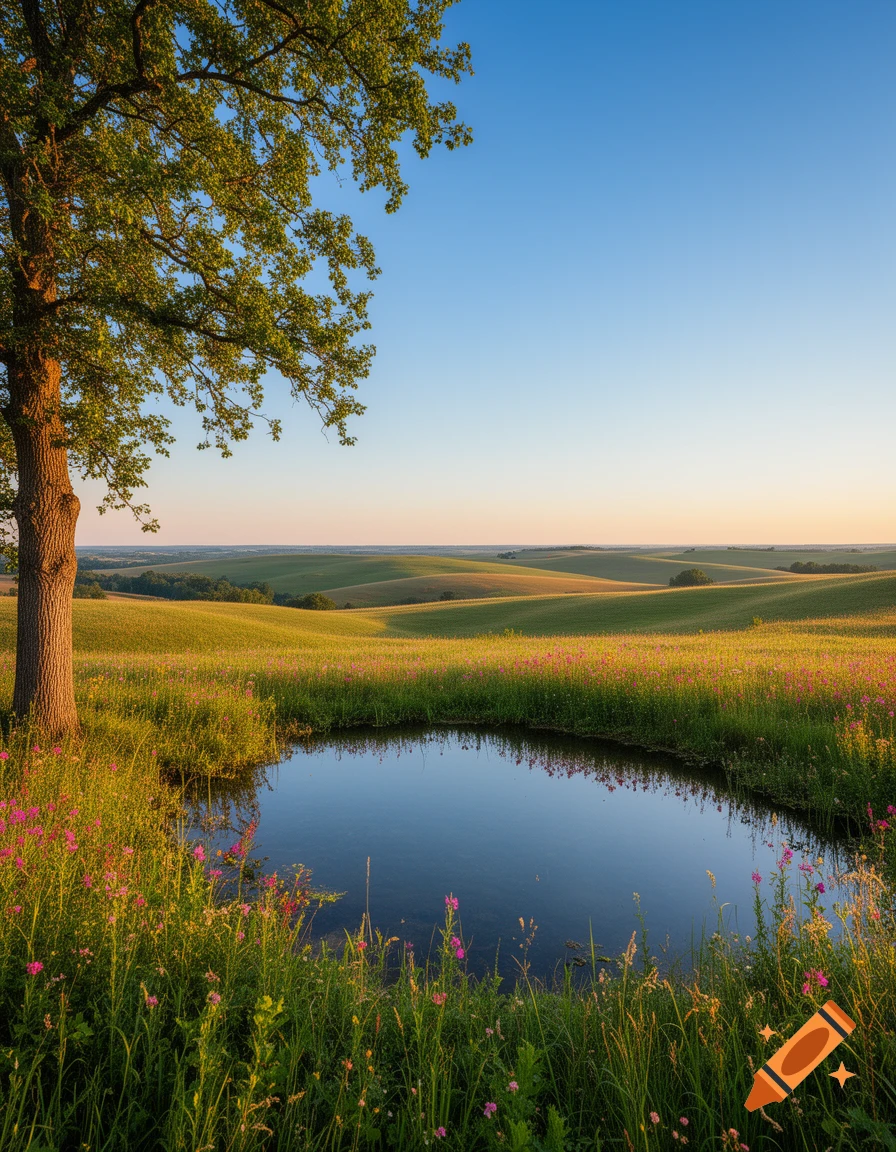 Photorealistic landscape with a tranquil pond, green grass, pink wildflowers, a tree, and rolling hills under a clear blue sky.