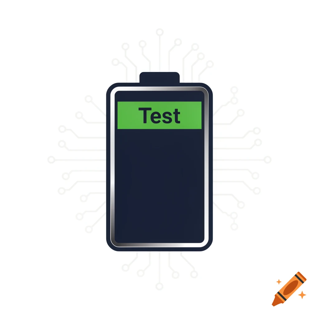A dark battery icon with a green screen displaying 'Test', surrounded by circuit line patterns.