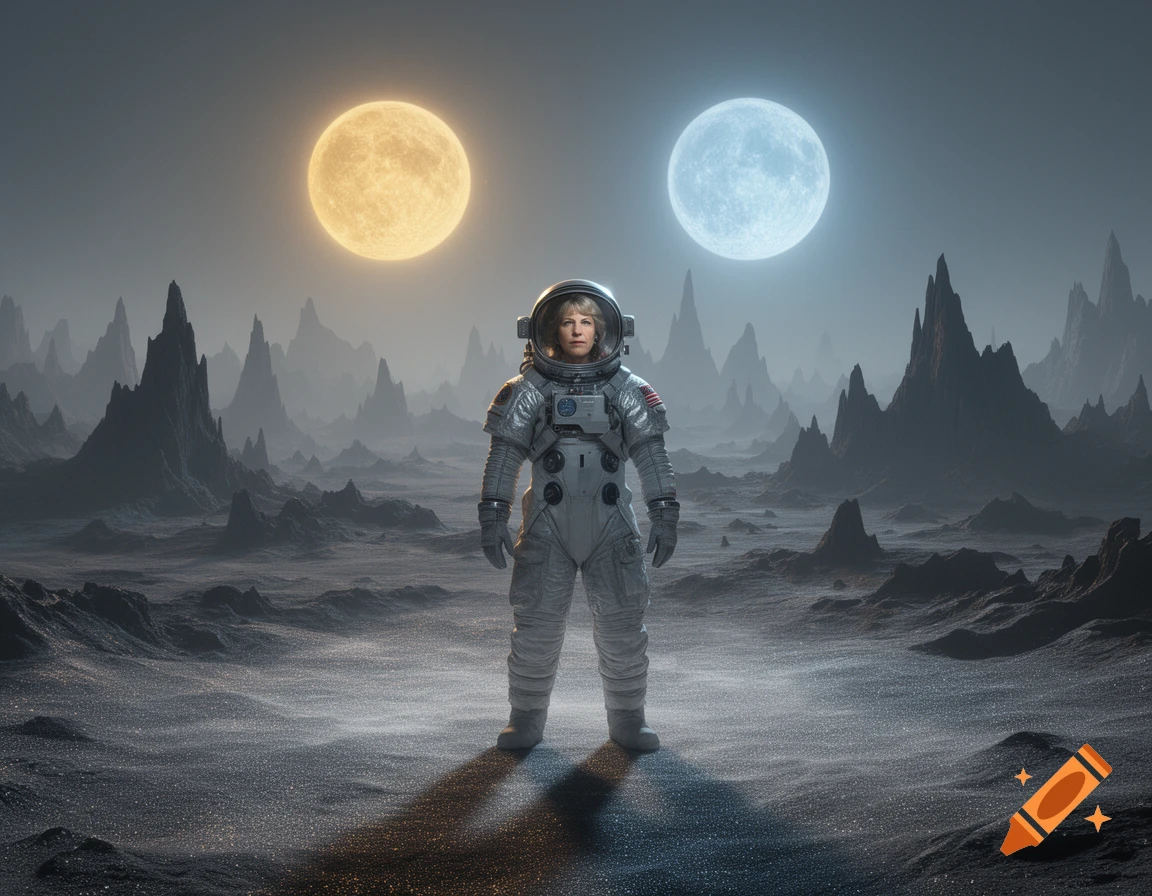 An astronaut stands on an alien planet with jagged mountains under two large moons, one golden and one blue, in a photorealistic style.