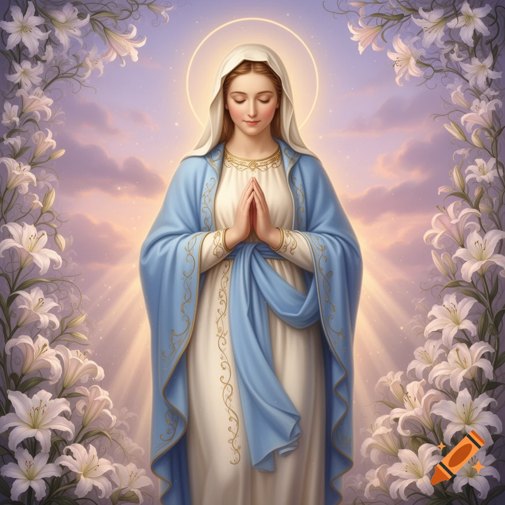 Serene illustration of the Blessed Mother Mary with hands clasped in prayer, surrounded by white lilies and glowing sky.