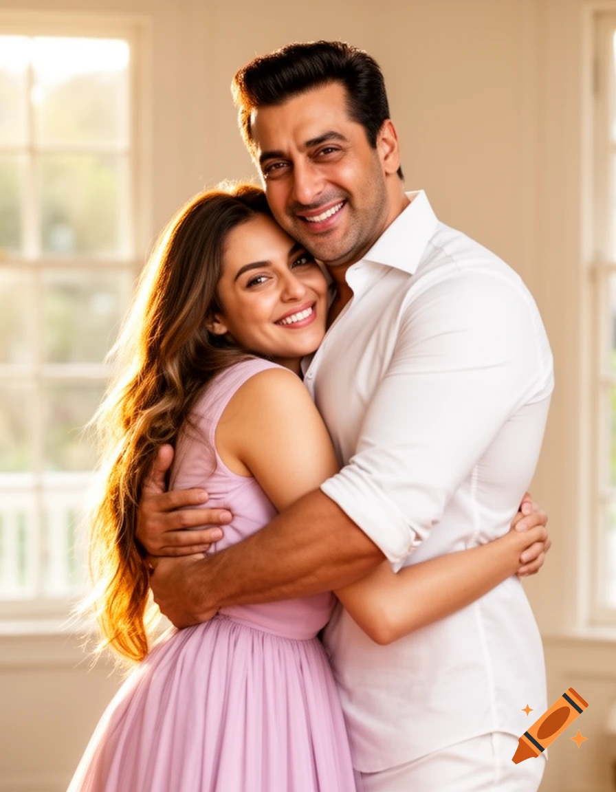 A smiling man in a white shirt hugs a smiling woman in a lavender dress, both looking at the camera in a sunlit room.