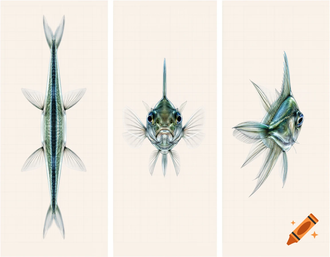 Three technical drawings of a slender, translucent fish, shown from overhead, head-on, and side perspectives on a light grid background.