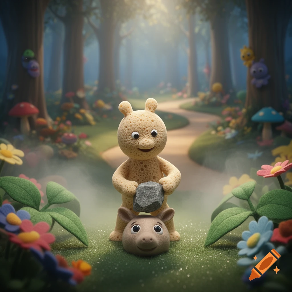 A textured, porous cartoon character resembling Makka Pakka holds a rock over a smiling animal head on the ground in a whimsical forest with colorful flowers.