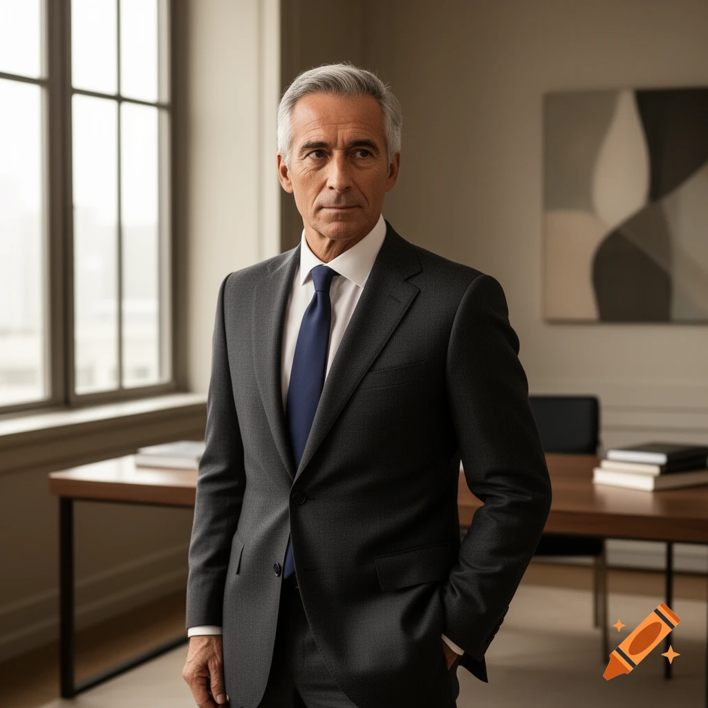 Photorealistic portrait of a distinguished older man with gray hair in a charcoal suit and blue tie, standing in a modern office.