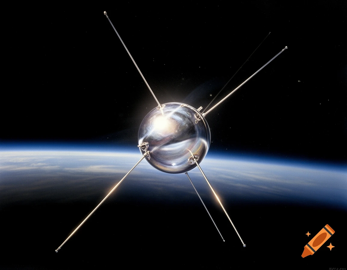Sputnik satellite orbiting Earth with space and the planet's atmosphere visible in the background, realistic style.