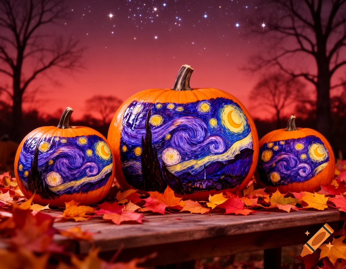 Three pumpkins painted with The Starry Night sit on a wooden bench with autumn leaves under a red, starry evening sky.