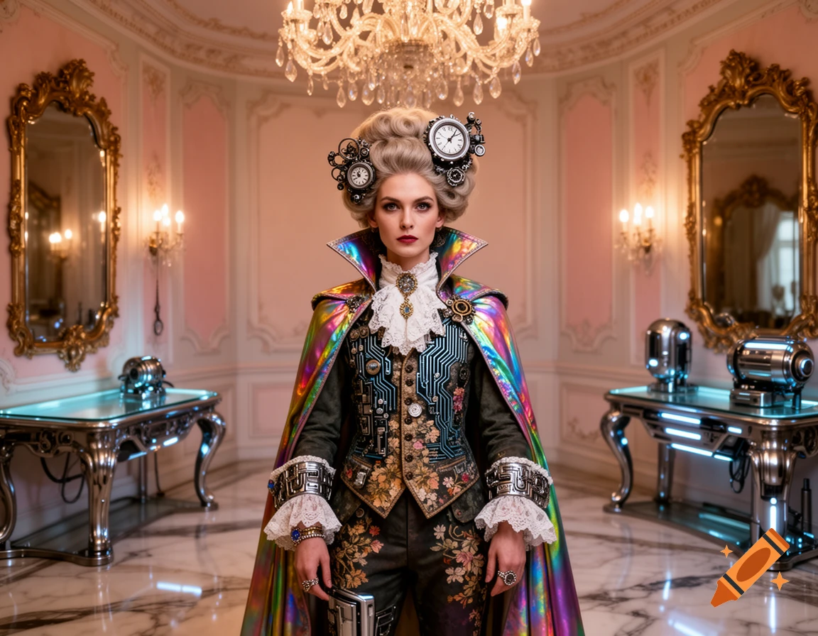 A woman in an opulent Rococo-style room, wearing an elaborate Rococopunk outfit with an iridescent cape, circuit patterns, and clocks in her hair.