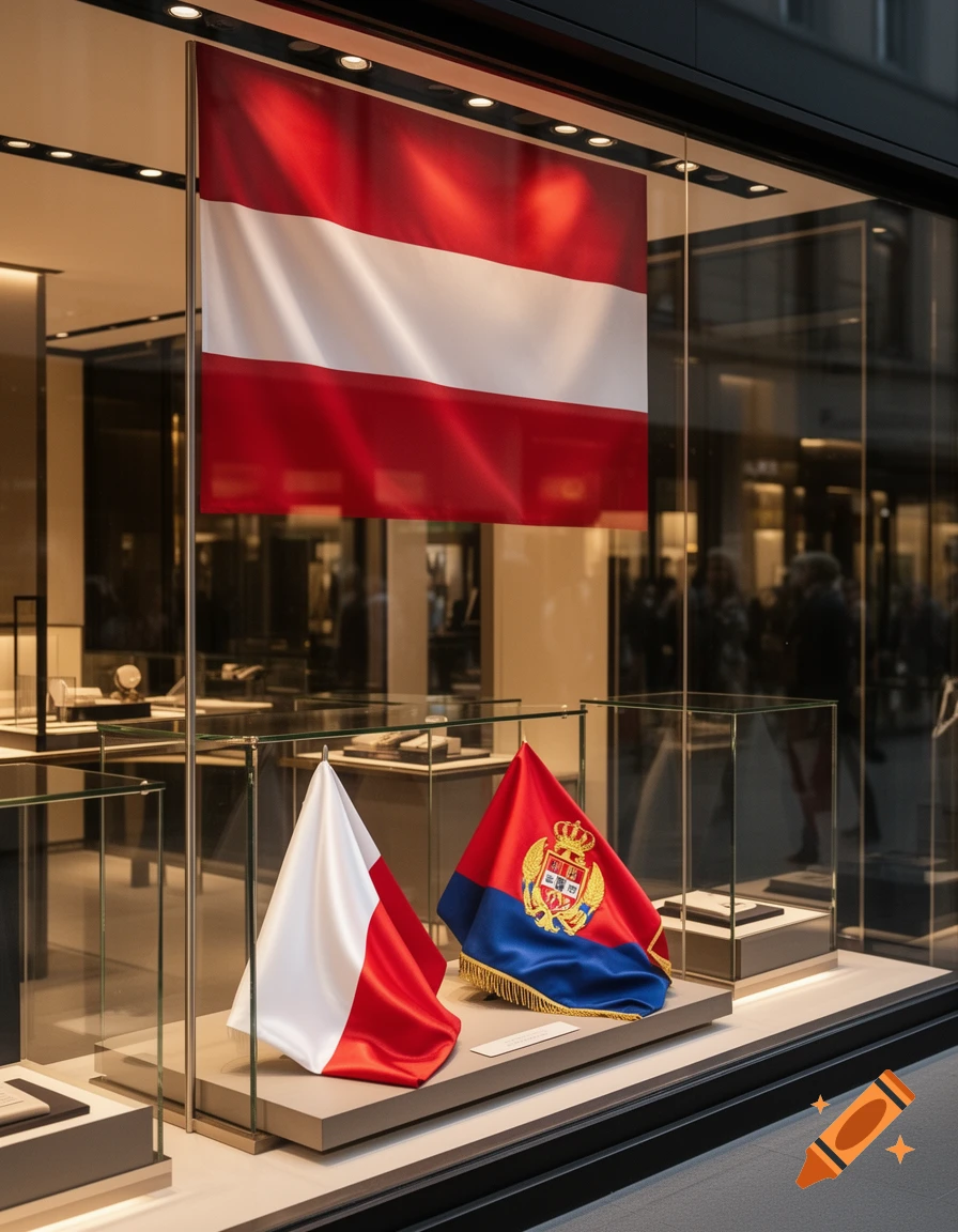 A large Austrian flag hangs above a shop window displaying smaller Polish/Monacan and heraldic flags.