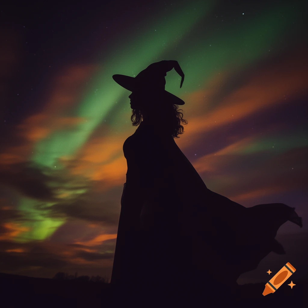 Silhouette of a witch in a pointed hat and cloak against a vibrant night sky with green and orange aurora.