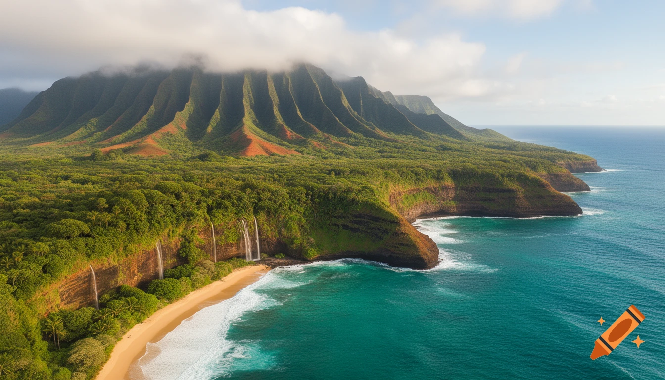 Aerial view of a lush green tropical island coastline with jagged mountains, red-hued slopes, multiple waterfalls, a sandy beach, and turquoise ocean.