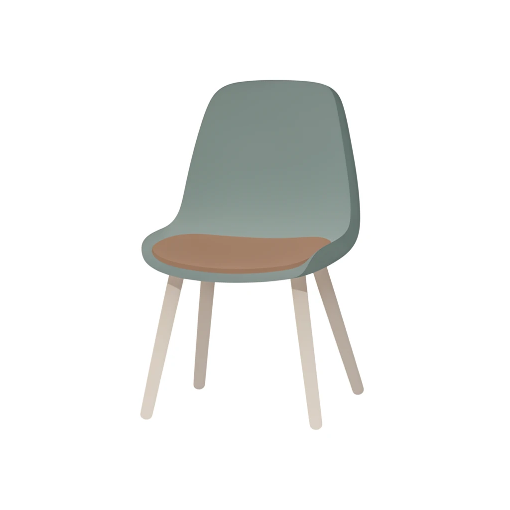 contemporary 2D stock illustration, clean simplified natural forms, flat color areas with gentle soft gradient shading, rounded believable proportions, restrained detail, no outer outlines, no texture or grain, non-photorealistic. A simple standalone chair as a clean standalone cutout asset, centered on a pure white background. One dominant chair color, neutral legs, restrained seat accent. Believable 2D stock-illustration object proportions, not toy-like, not icon-like, not 3D. Clear readable silhouette with comfortable padding, no cast shadow, no floor shadow, no extra scenery, no text.