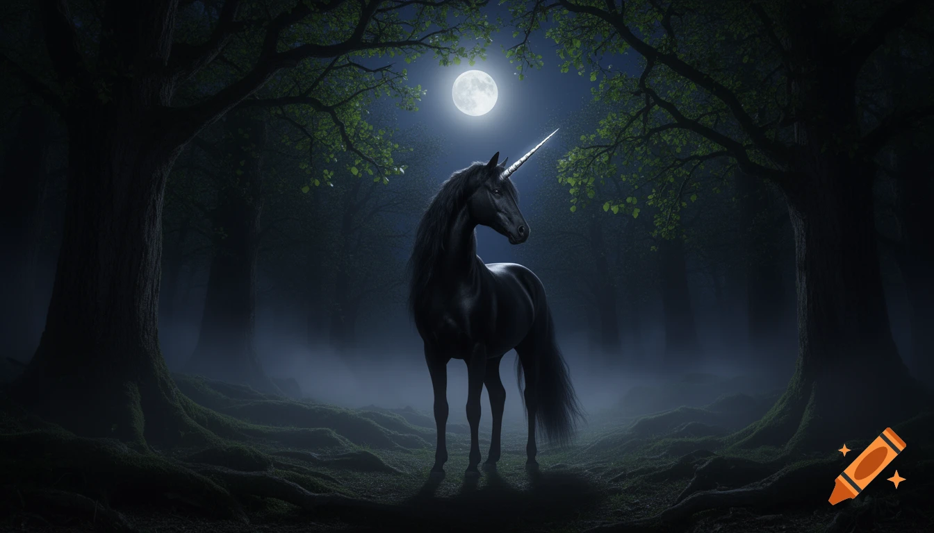 A majestic black unicorn stands in a dark, misty forest under a bright full moon, with moss-covered roots and trees.