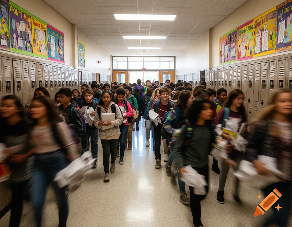 A crowded school hallway bustling with students, many blurred by motion as they rush through, with lockers lining the walls.