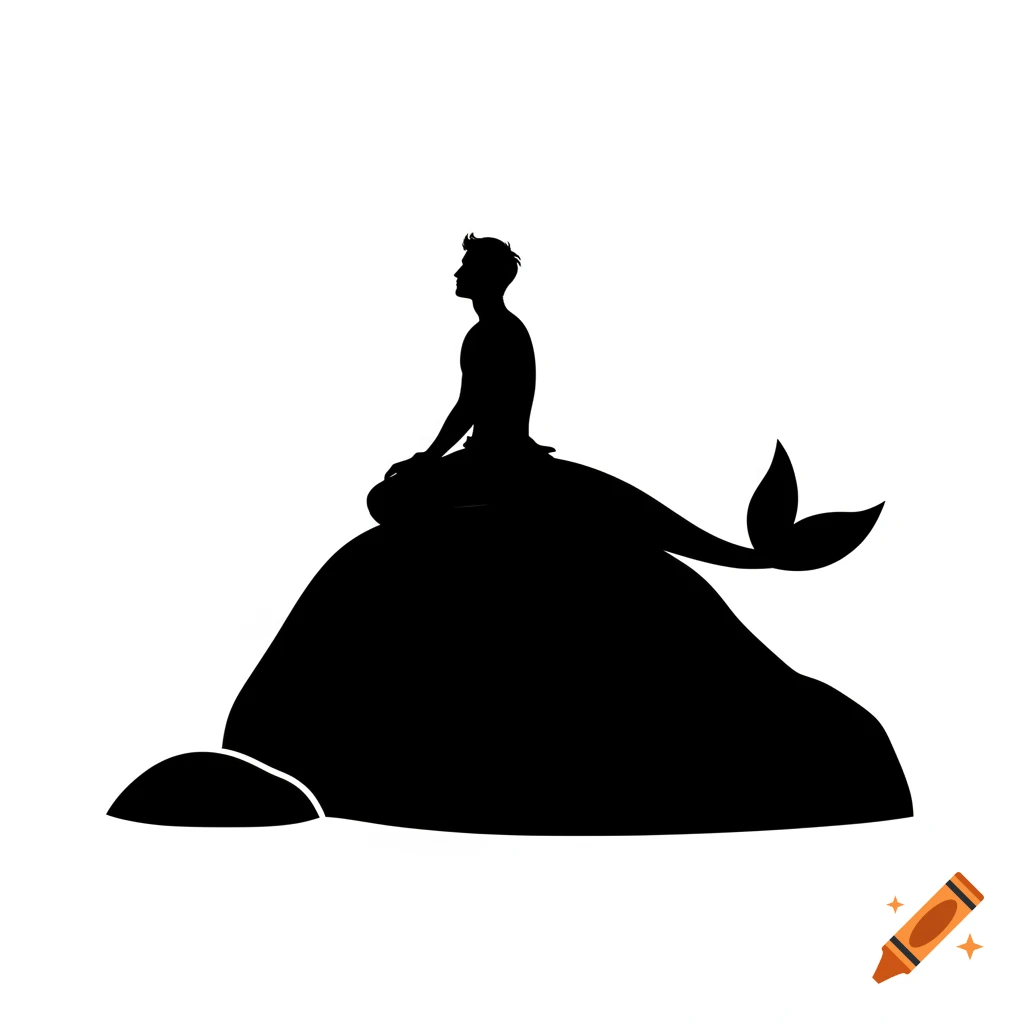 Black silhouette of a merman with a fishtail sitting on a rock against a white background.