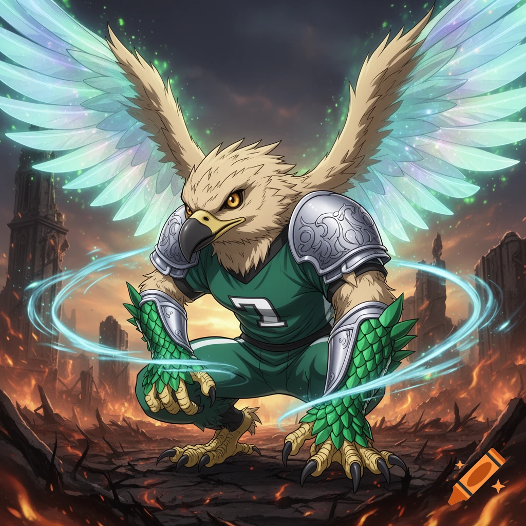 An anime-style anthropomorphic eagle character with glowing wings, wearing a green jersey with '7' and silver armor, crouching in a fiery, ruined landscape.
