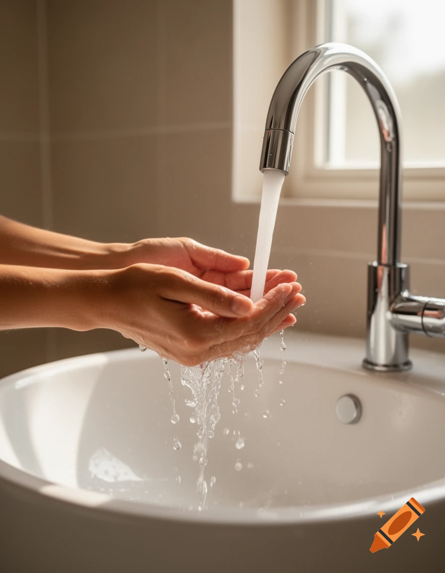 Hands washing under running water from a chrome faucet in a white bathroom sink, photorealistic.