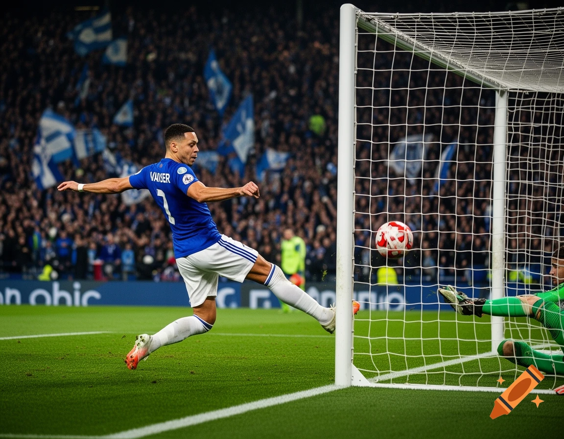 A male soccer player in a blue jersey kicks a red and white ball into a net, with a goalie diving.