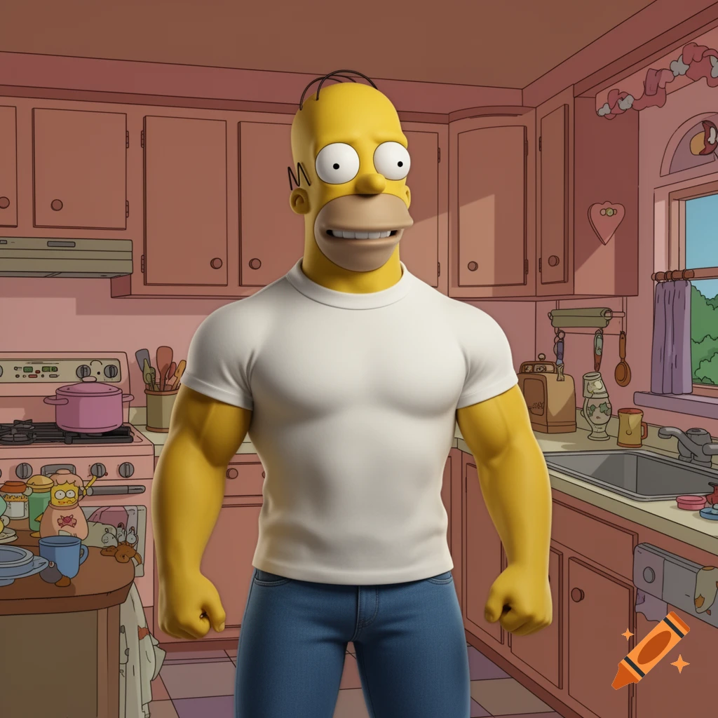 Realistic, muscular Homer Simpson in a white t-shirt and jeans stands in his cartoon kitchen.
