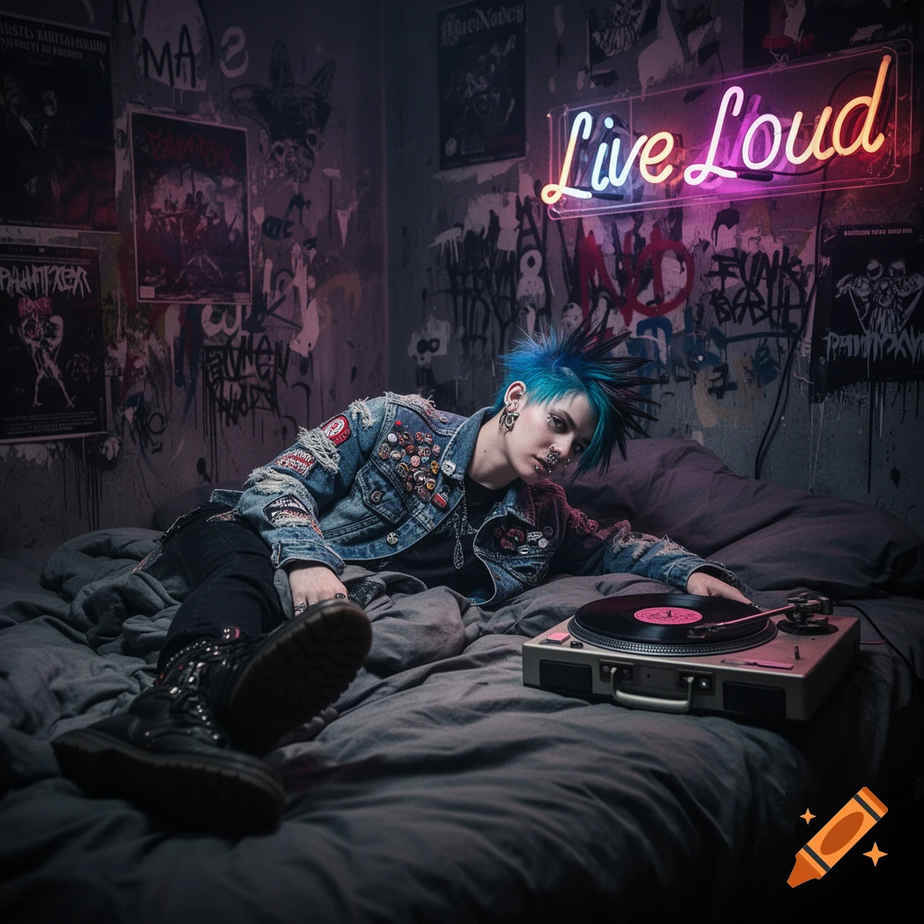 A punk person with blue spiked hair and piercings lies on a bed with a record player in a graffiti-covered room with a neon 'Live Loud' sign.