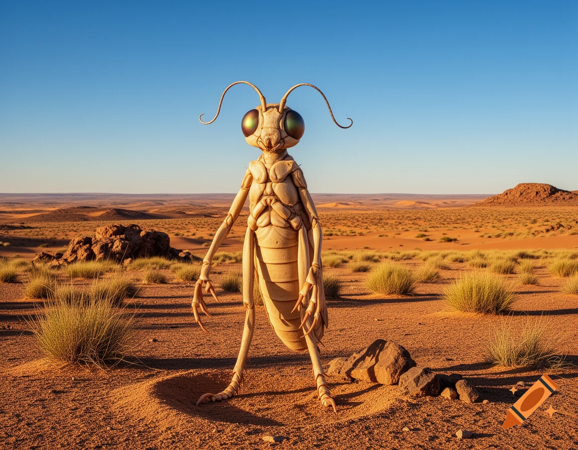A photorealistic image of a tall, light-colored anthropomorphic insect creature with large eyes standing in a vast desert landscape under a clear blue sky.