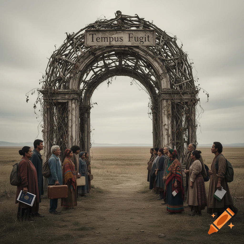 Two groups of people stand facing each other under a weathered archway inscribed "Tempus Fugit" in a vast, dry field under a cloudy sky.