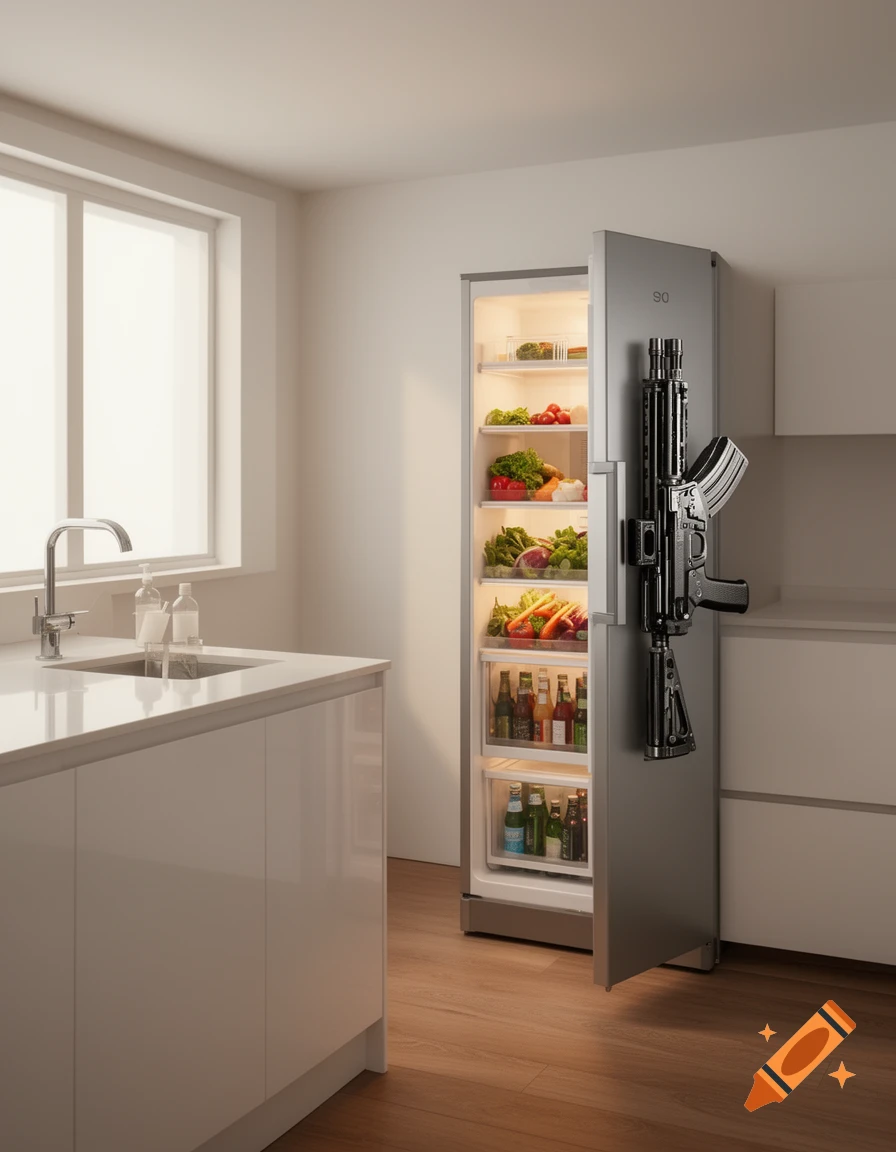 A modern kitchen with an open refrigerator, fresh food, drinks, and an assault rifle mounted on the door.