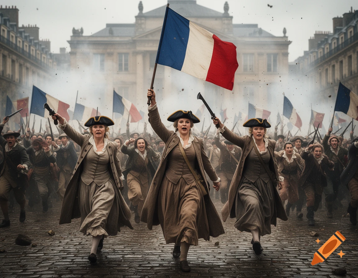 Photorealistic image of women leading a revolutionary crowd on a cobblestone street, waving French flags and carrying weapons.