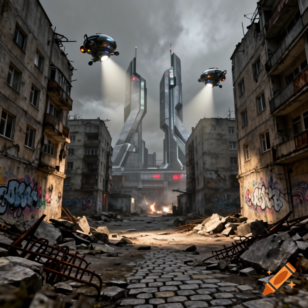 A dystopian street with ruined, graffiti-covered buildings, futuristic flying vehicles, and sleek modern skyscrapers under a cloudy sky.